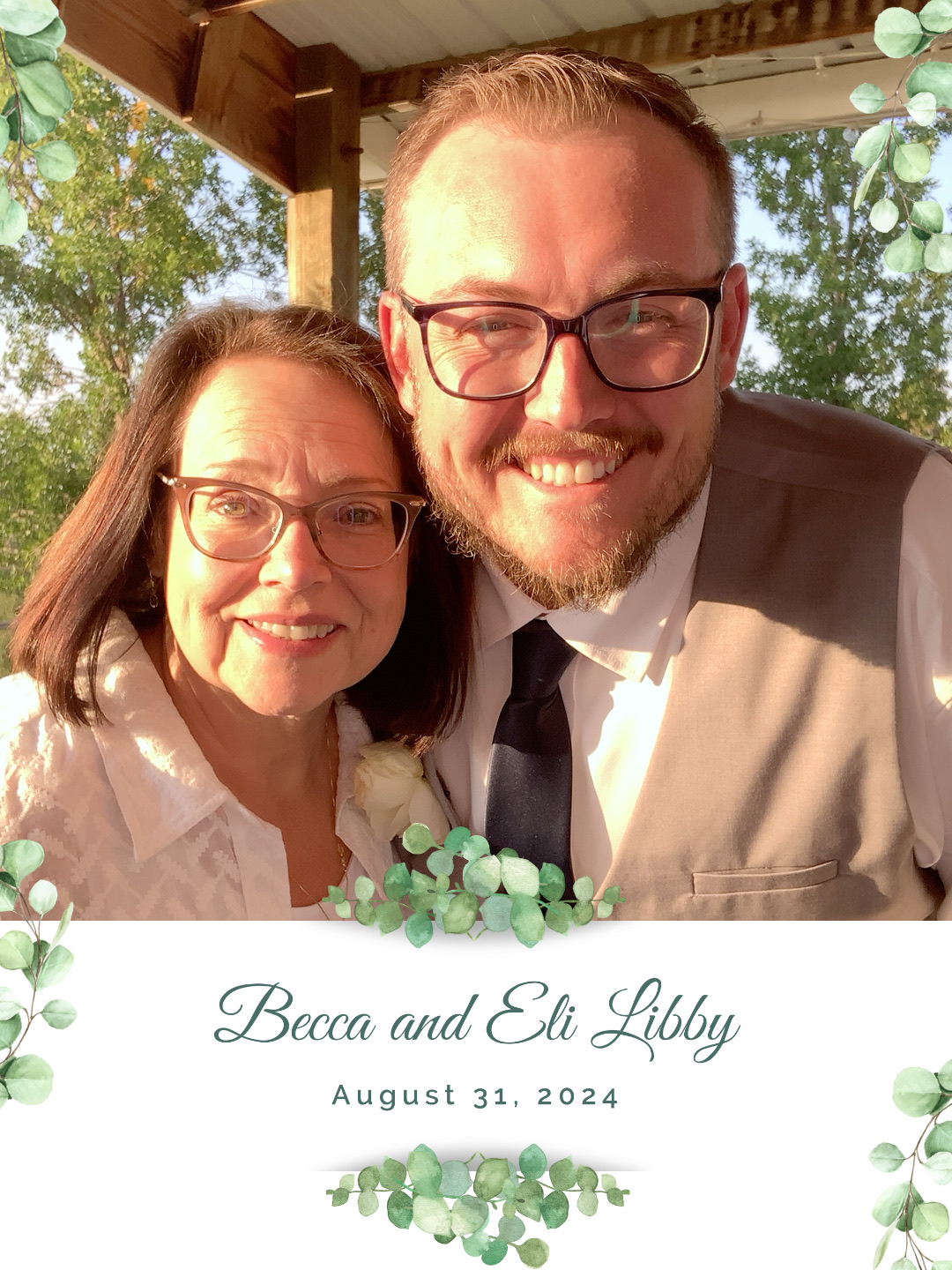 Custom wedding digital photo frame overlay with eucalyptus and hand-script names