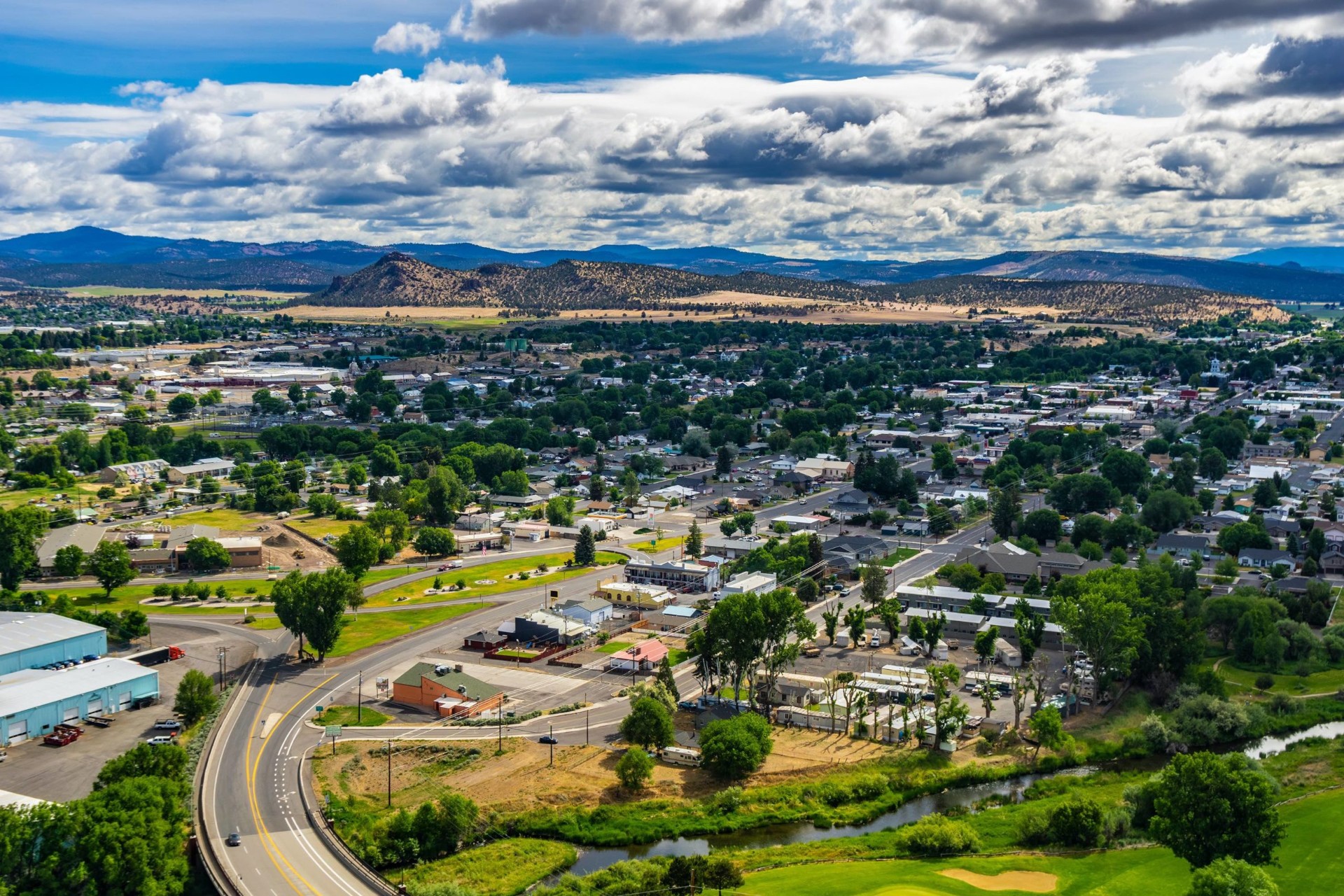 Aerial view of Prineville, Oregon with the Ochoco Mountains and Crooked River valley